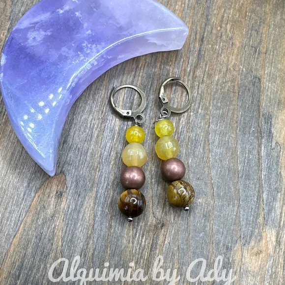 Tiger’s eye and bright yellow agate dangle bon bon earrings/brass /colorful - Picture 1 of 4